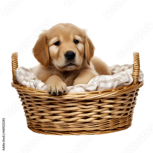 Cute dog in a basket on transparent background PNG. Cute pet concept.
