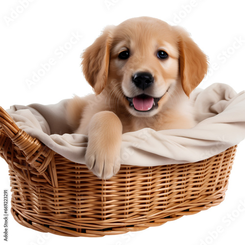 golden retriever puppy in basket