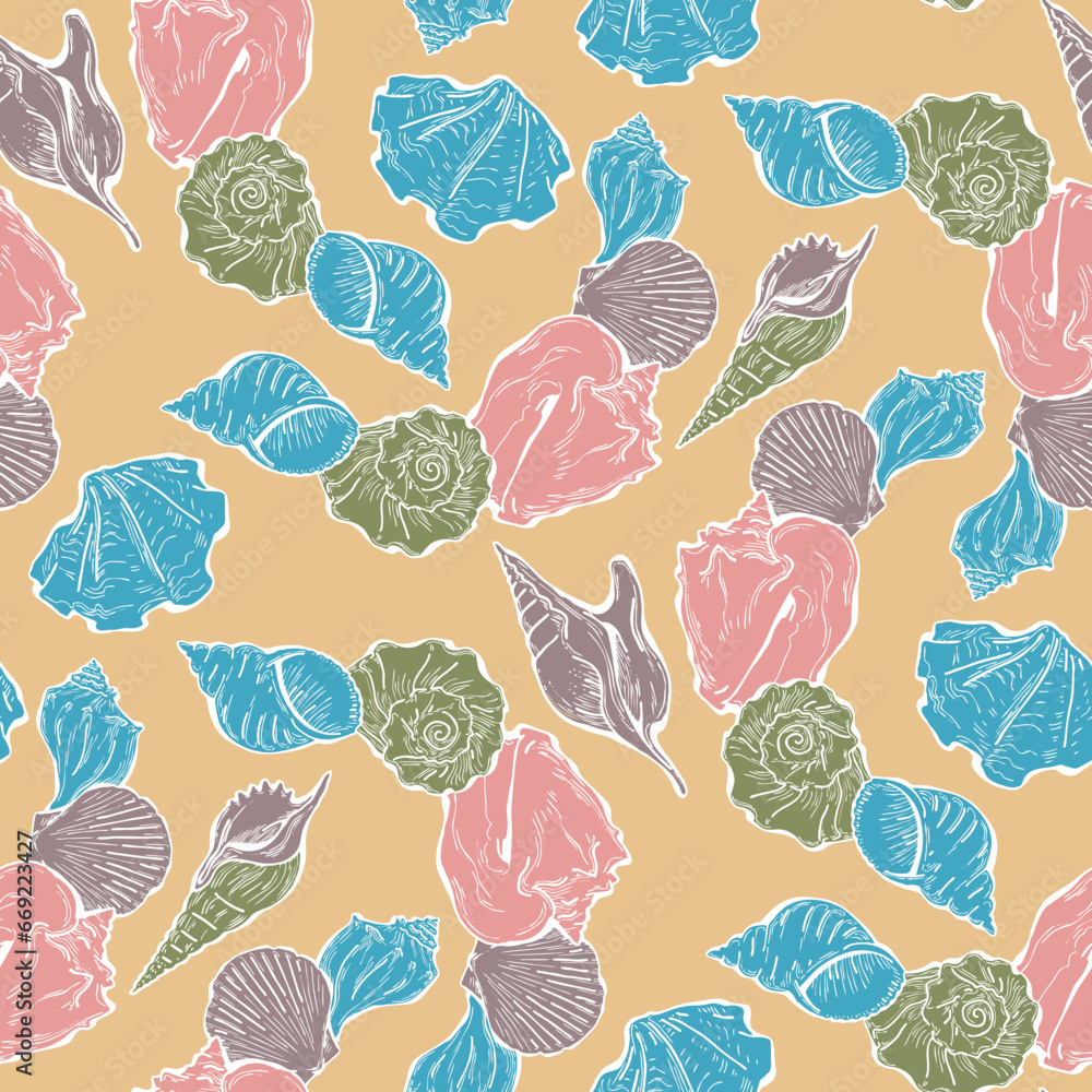 Sea shell decorative seamless abstract vector pattern. Summer beach holiday, ocean scuba diving, snorkeling theme for textile print, fabric design, wallpaper background, wrapping paper, trendy fashion Sea shell decorative seamless abstract vector pattern. Summer beach holiday, ocean scuba diving, snorkeling theme for textile print, fabric design, wallpaper background, wrapping paper, trendy fashion