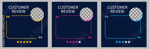 Set of three template with speech bubble for customer feedback, testimonial or review quote on dark blue background. Empty speech bubble frame with quotation marks and copy space for quotes.