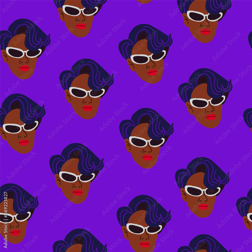 Black skin fashion influencer face pattern on violet background. Stylish black skin woman with red lips pattern. Vector illustration