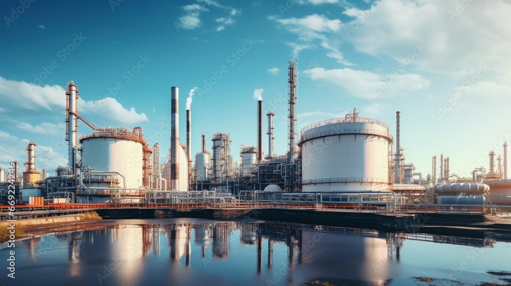 Refinery complex, critical infrastructure buildings, fuel storage - obrazy, fototapety, plakaty 