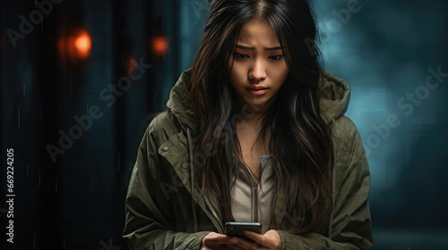 Portrait of a sad and depressed Asian woman looking at her smartphone standing on the street in a winter blur background at night