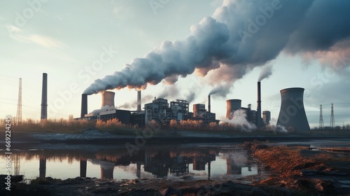Coal-fired electric power plant, smoke from chimneys, energy production