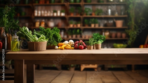 Wooden table with vegetables in a grocery store, interior of a country store with fresh organic products