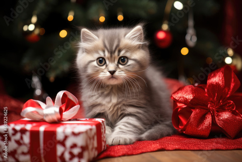 Funny cat on a Christmas background