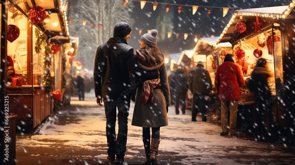 Happy couple walking on the Christmas market at night, a beautiful scene of a Christmas couple. Created using Generative AI technology.