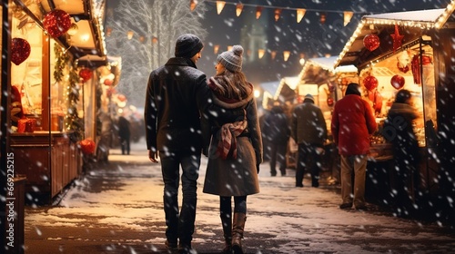Happy couple walking on the Christmas market at night, a beautiful scene of a Christmas couple. Created using Generative AI technology.