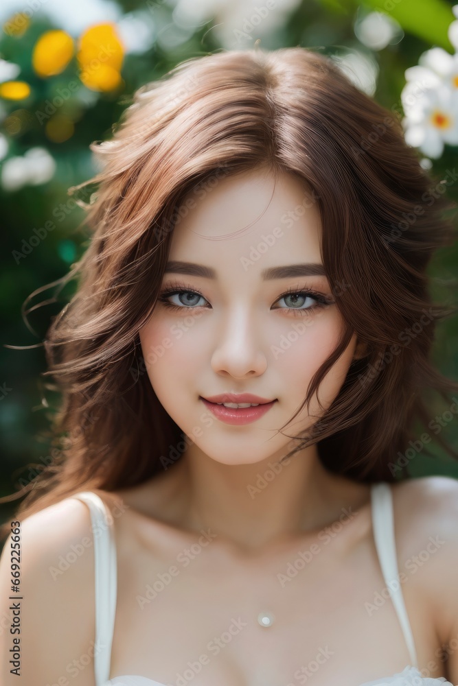 Happy young Korean Girl standing in front of a blooming Sakura tree, Closeup portrait of a cheerful young female Asian adult in wild nature Happy young Korean Girl standing in front of a blooming Sakura tree, Closeup portrait of a cheerful young female Asian adult in wild nature