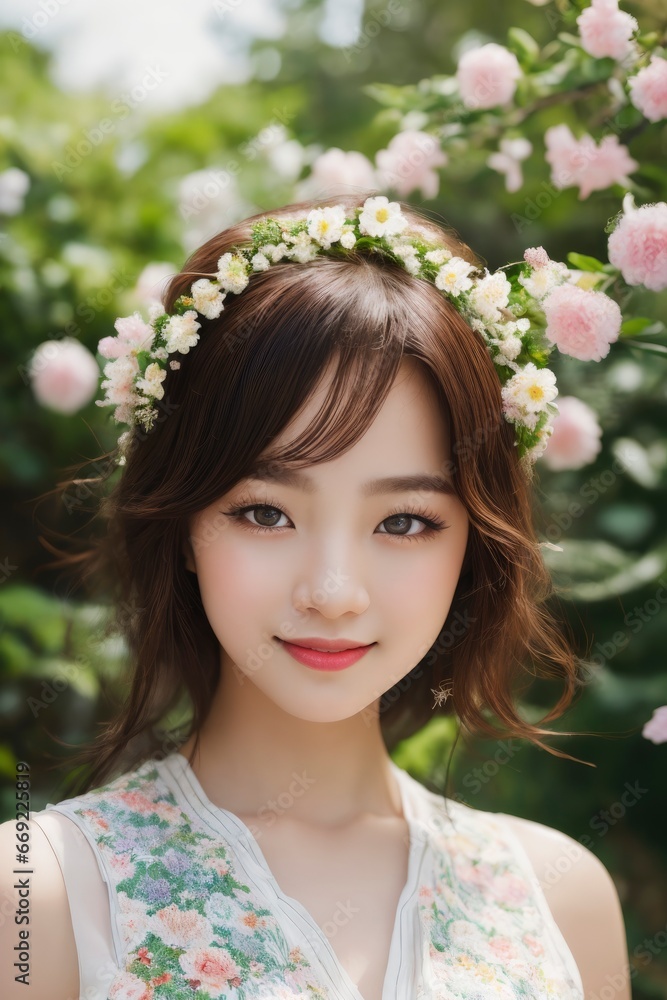 Happy young Korean Girl standing in front of a blooming Sakura tree, Closeup portrait of a cheerful young female Asian adult in wild nature Happy young Korean Girl standing in front of a blooming Sakura tree, Closeup portrait of a cheerful young female Asian adult in wild nature