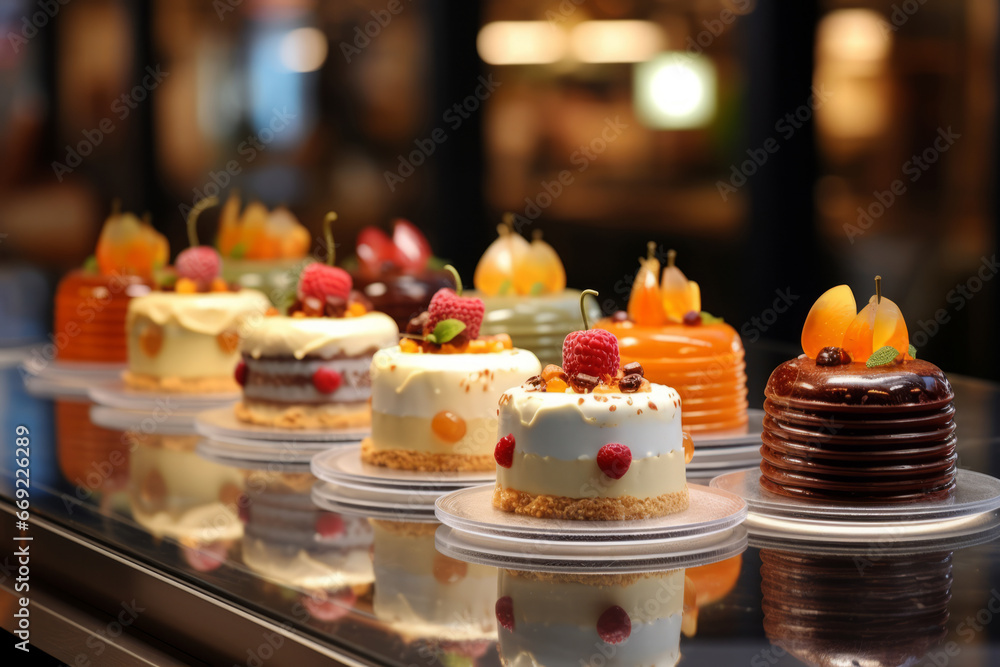 Small cakes on display at the patisserie counter. Pastry shop glass display with cakes. Generative AI