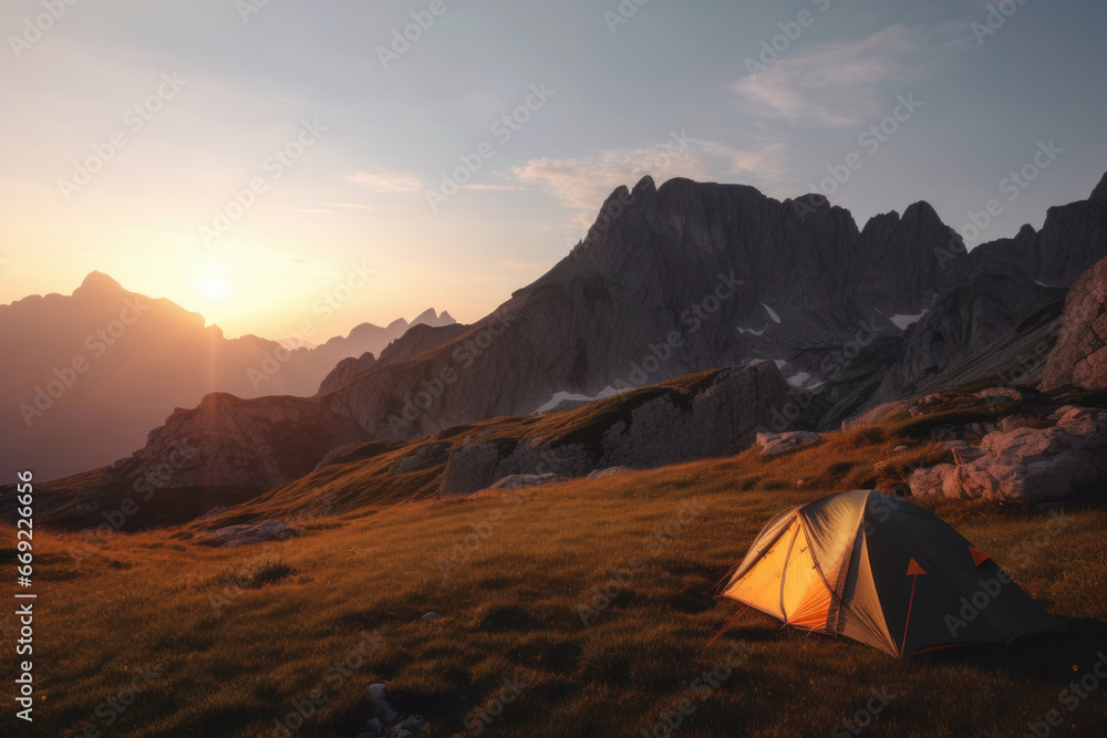 Experience nature's beauty with a tent pitched against majestic mountains during a serene sunset. Perfect for hikers and adventure seekers. AI Generative.