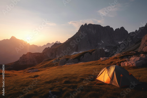 Experience nature's beauty with a tent pitched against majestic mountains during a serene sunset. Perfect for hikers and adventure seekers. AI Generative.