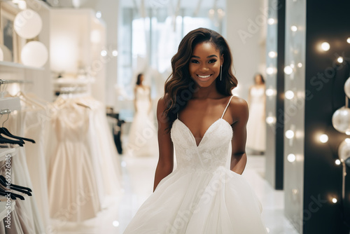 African American bride is trying on an elegant wedding dress in modern wedding salon photo