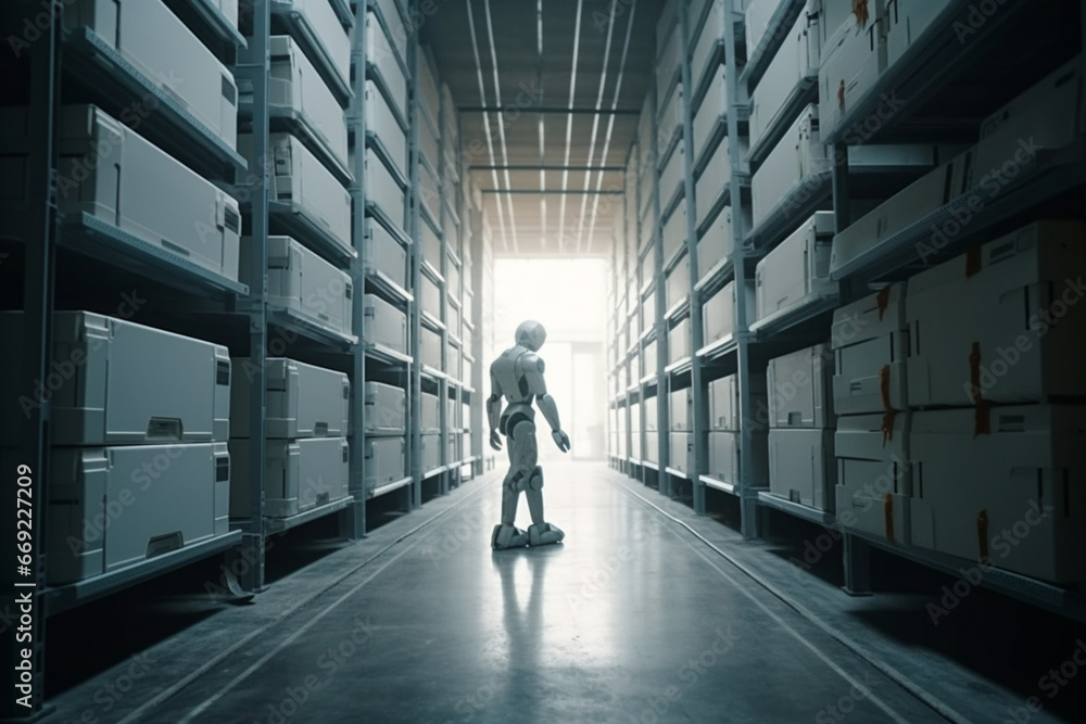 Fototapeta premium Robot in the warehouse. Smart robot arm system for innovative warehouse .digital technology . Automation manufacturing robot