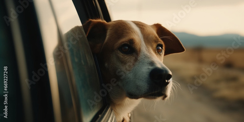 Dog travel by car. Nova Scotia Duck Tolling Retriever enjoying road trip. © PanArt