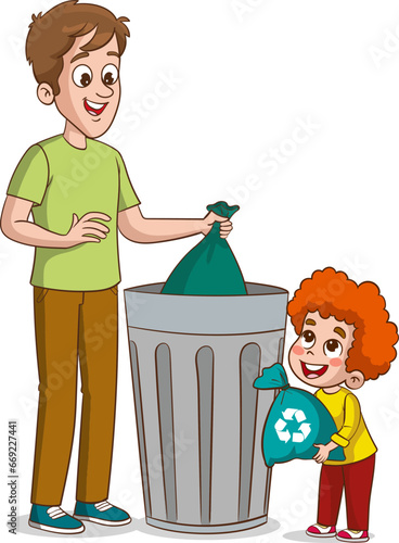 Family housework. Parents and kids clean up house cartooon vector