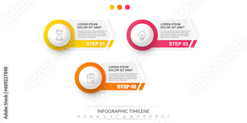 Business vector infographics with three circles and arrows. Timeline visualization with 3 steps for diagram, flowchart, banner, presentations, web, content, levels, chart, graphic