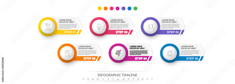 Business vector infographics with six circles and arrows. Timeline visualization with 6 steps for diagram, flowchart, banner, presentations, web, content, levels, chart, graphic - obrazy, fototapety, plakaty 
