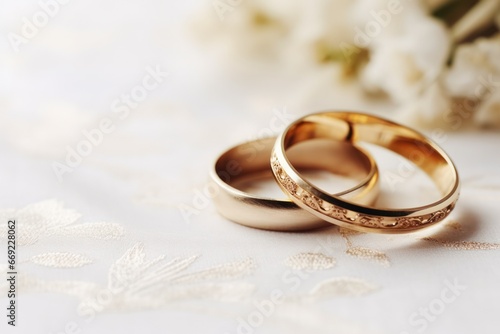 Wedding rings, close-up on a light silk fabric with flowers in the distance. postcard or invitation to the holiday