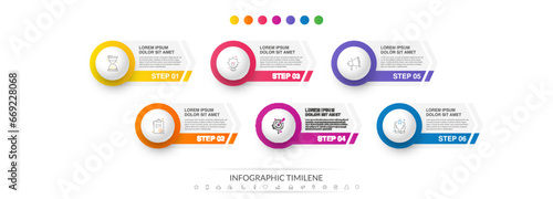 Business vector infographics with six circles and arrows. Timeline visualization with 6 steps for diagram, flowchart, banner, presentations, web, content, levels, chart, graphic