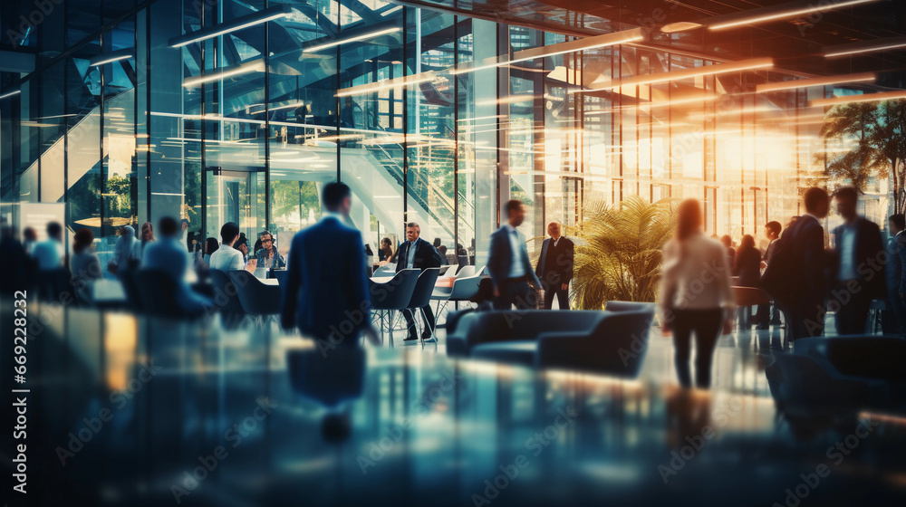 Blurry photo of a big modern corporate office with business people Blurry photo of a big modern corporate office with business people