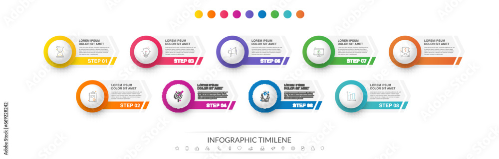 Fototapeta premium Business vector infographics with 9 circles and arrows. Timeline visualization with nine steps for diagram, flowchart, banner, presentations, web, content, levels, chart, graphic