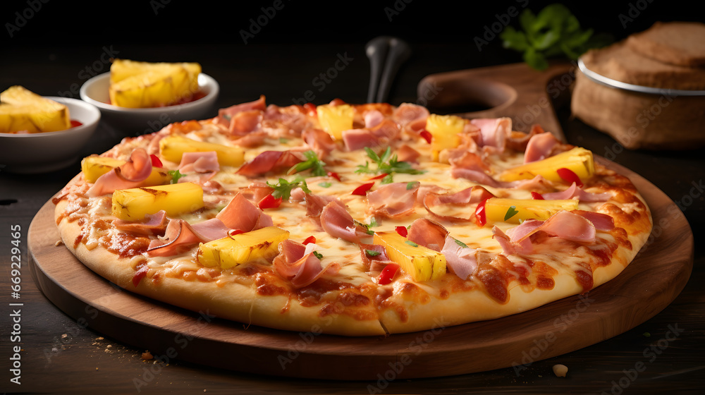 Beautiful tasty pizza with meat and fruits Beautiful tasty pizza with meat and fruits