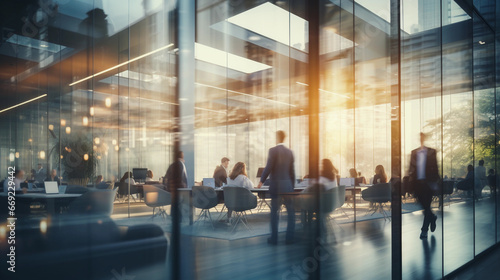 Blurry photo of a big modern corporate office with business people