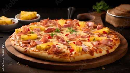Beautiful tasty pizza with meat and fruits