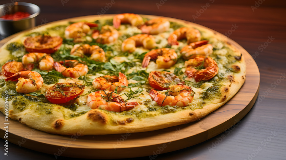 Beautiful tasty pizza with seafood and vegetables
