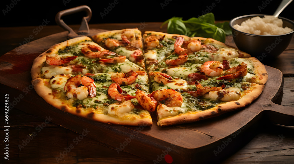Beautiful tasty pizza with seafood and vegetables