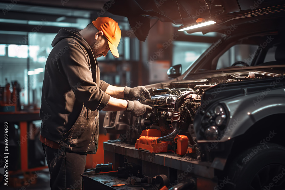 Attractive confident male auto mechanic working in Car Service Attractive confident male auto mechanic working in Car Service