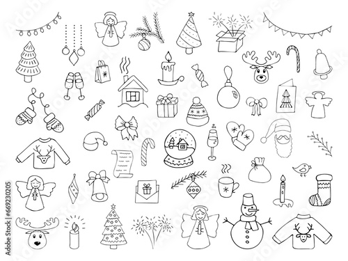 Christmas design elements. Set of hand drawn vector doodles, icon set in sketch style isolated on white background. 