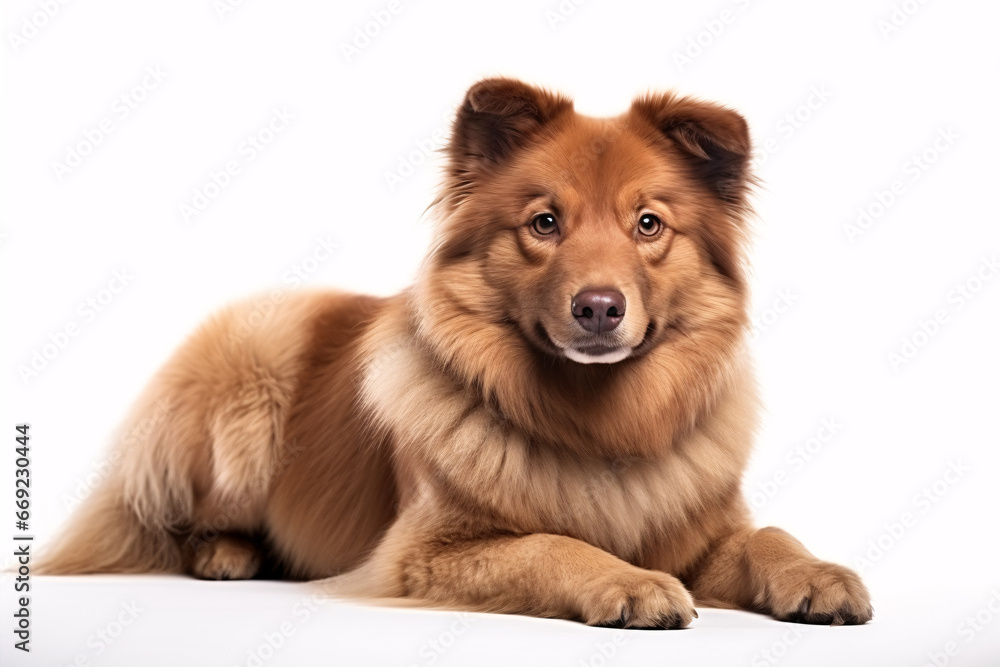 An isolated, fluffy, brown pooch on a snow-white backdrop creates a concept of companionship.