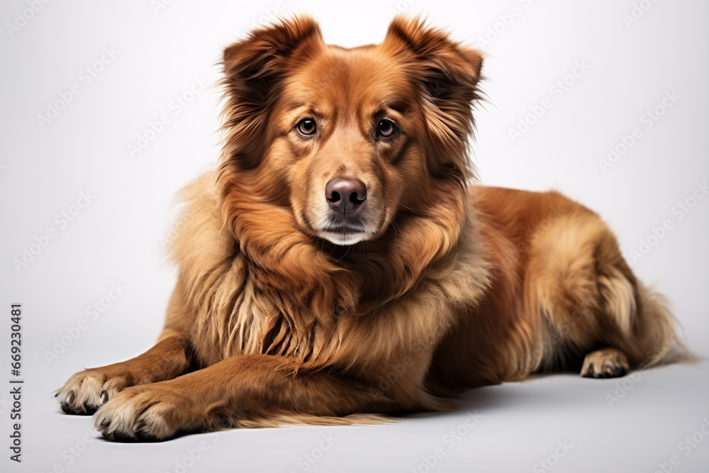 Lonely, plush pup posing against a bright back-drop.