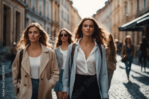 Lifestyle portrait of a diverse group of beautiful young women girlfriends walking around an European city and having fun, enjoying life. Young ladies walk through old city in casual linen clothes