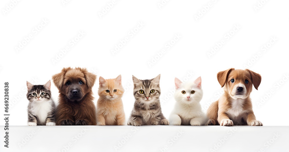 Obraz premium Cachorros e gatos juntos com um fundo branco