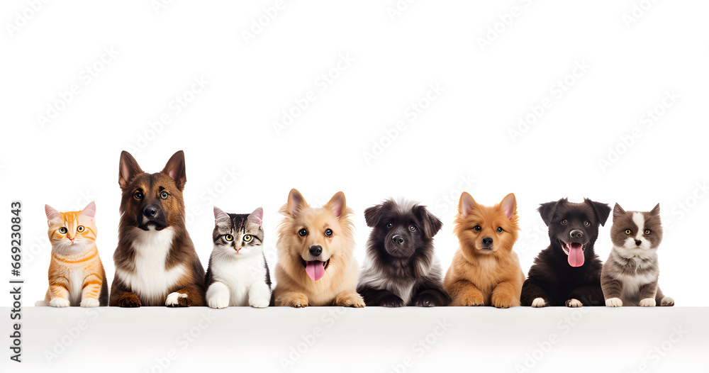 Vários cachorros e gato juntos em fileira com fundo branco - obrazy, fototapety, plakaty 