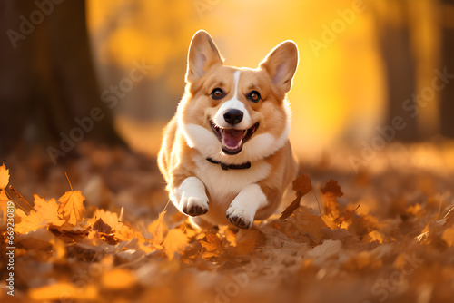 Cachorro da raça corgi correndo em um parque cheio d folhas