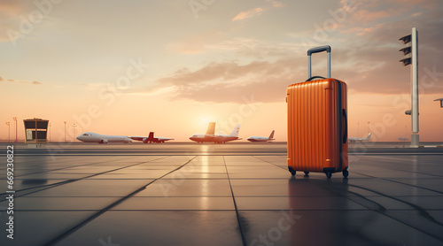 Uma mala em um aeroporto com aviões ao fundo photo