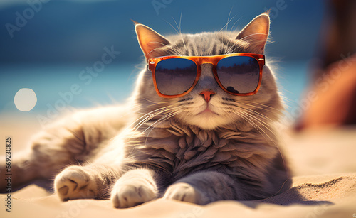 Um gato de óculos escuro deitado na areia da praia aproveitando seu dia