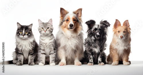 Cachorros e gatos sentados juntos com fundo branco photo