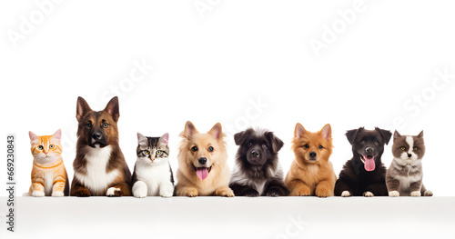 Vários cachorros e gato juntos em fileira com fundo branco photo