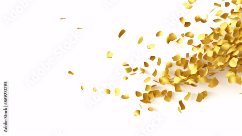 Glittery Gold Foil burst into the air, with a cloud of abstract pieces flying, isolated on a white background.