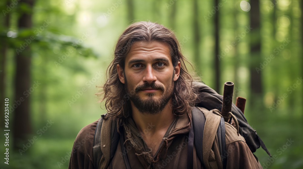 portrait of a long-haired, bearded man with a backpack  in a forest