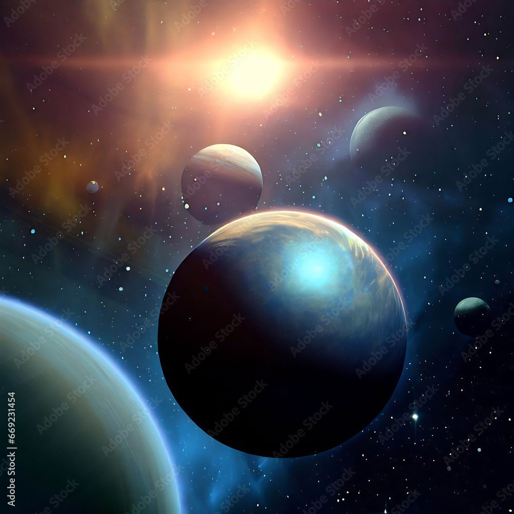 Obraz premium Alien planet in colorful space nebula illustration, with distant sun and companion planets