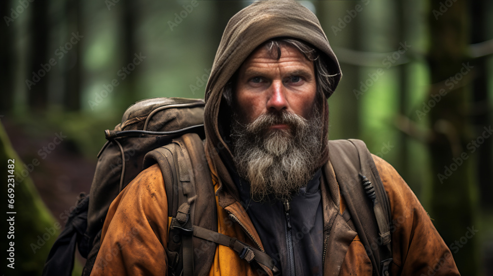 portrait of a bearded bushcrafter in the forest, looking  serious