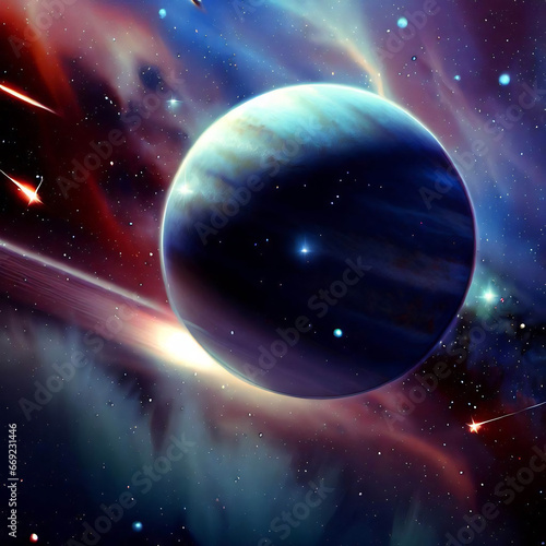 Alien planet in colorful space nebula illustration