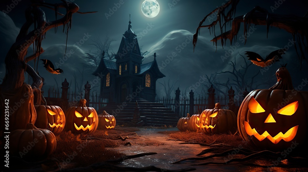 halloween scene with carved pumpkins and a full moon